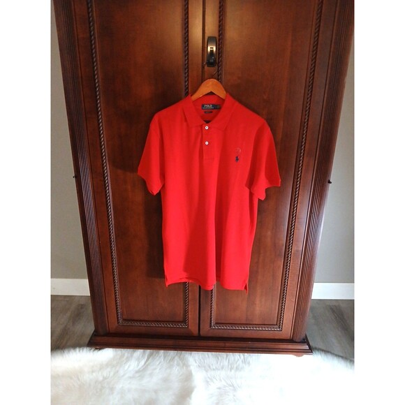 NEW Polo Ralph Lauren Men's Classic-Fit Mesh Polo Shirt Size L Red/Navy Logo - Picture 1 of 10